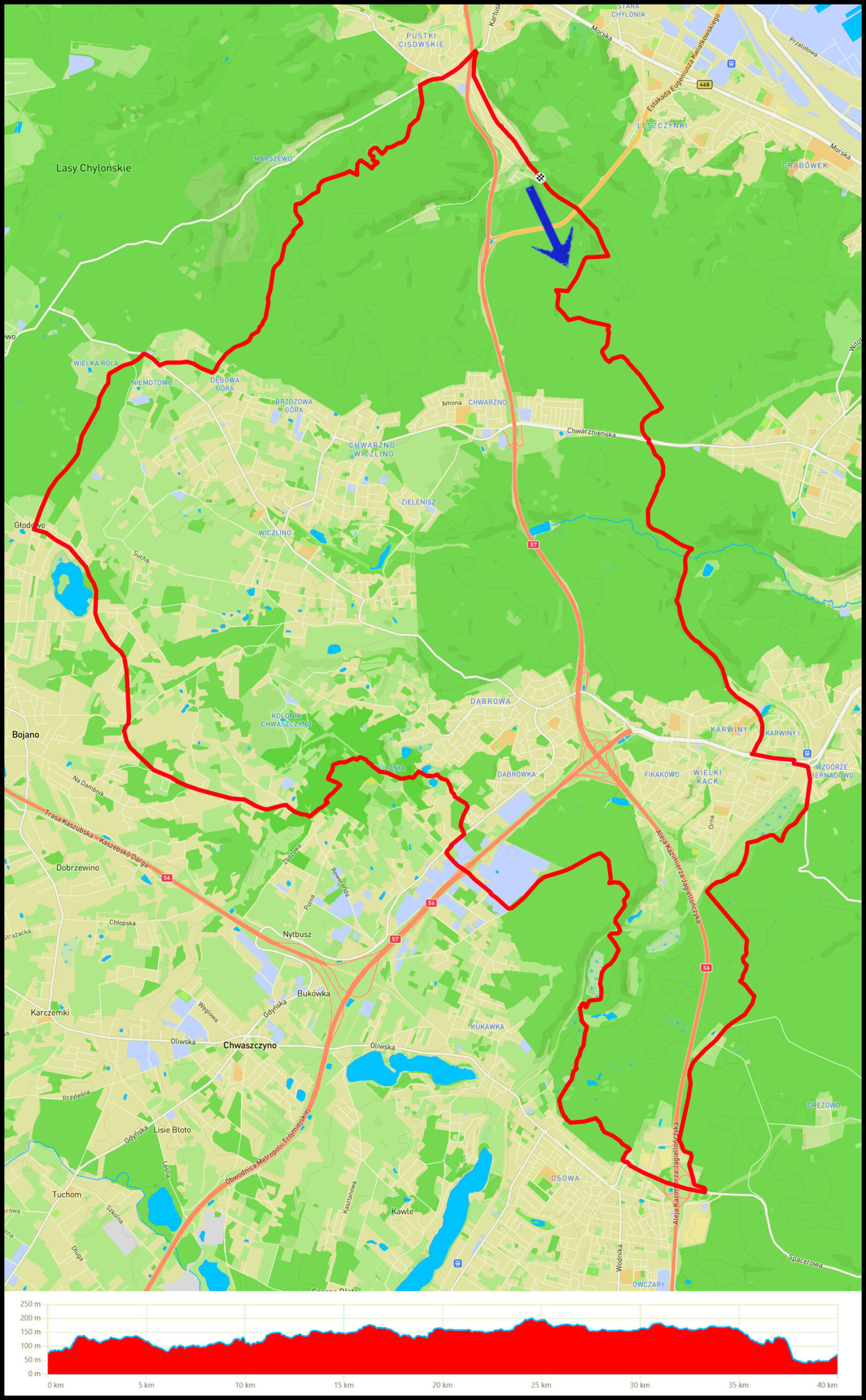 Demptowo - Krykulec - Jezioro Kackie - Gołębiewo - Osowa - Końskie Łąki - Donas - Głodowo - Szlak Wiewiórki - zjazd Jałowcowa