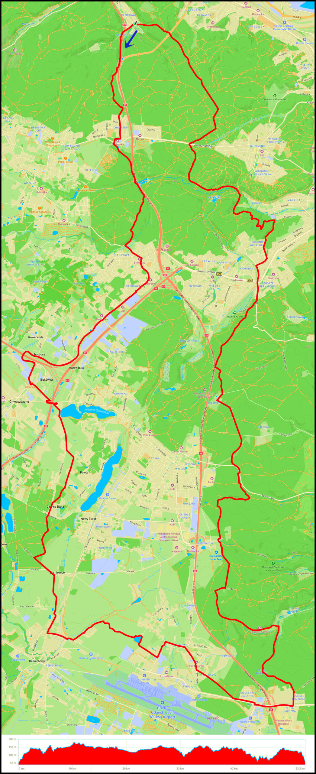 Demptowo - Dąbrówka - jez.Osowskie - Barniewice - zbiornik Rębiechowo III - Matarnia - Owczarnia - Gołębiewo - Wielki i Mały Kack