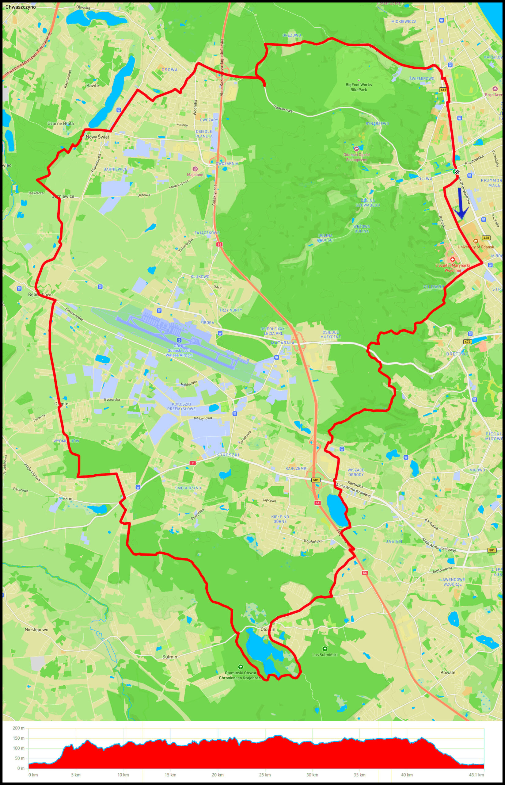 Oliwa - rezerwat Wąwóz Huzarów - Matemblewo - Dolina Strzyży - Jasień - jezioro Otomińskie - Leźno - Rębiechowo - Nowy Świat - Osowa - Reja