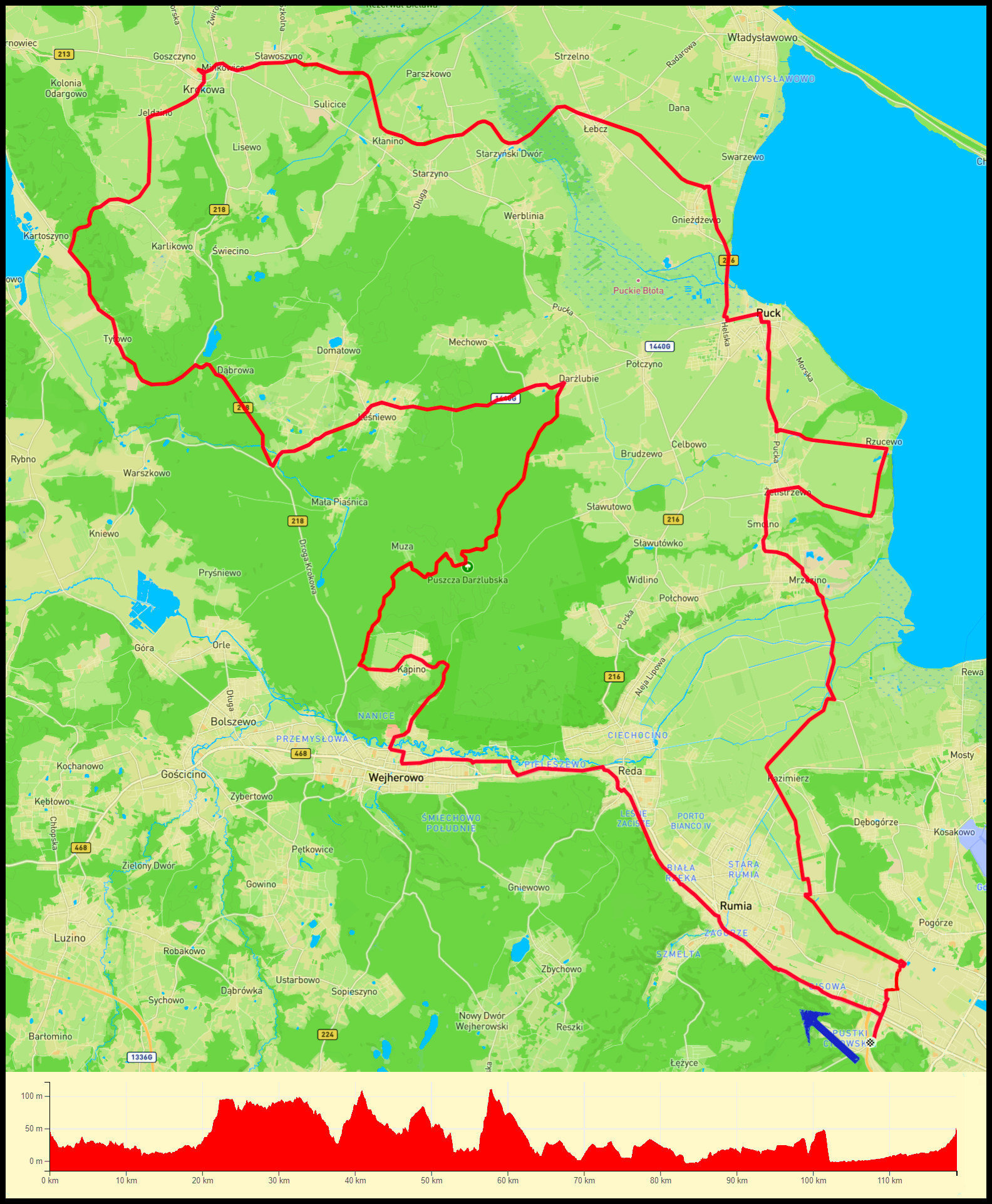 Demptowo - Rumia - Reda - Wejherowo - Kąpino - Darżlubie - Tyłowo - Sobieńczyce - Krokowa - Radoszewo - Swarzewo - Puck - Rzucewo - Smolno - Mrzezino - Kazimierz - Dębogórze