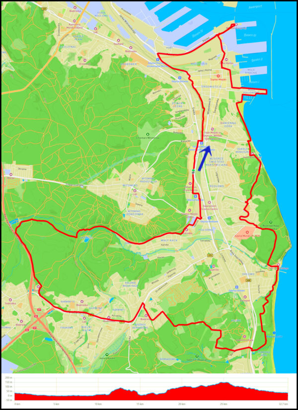 CH Riviera - Muzeum Emigracji - Molo Południowe - Bulwar - Polanka Redłowska - molo Orłowo - Park Kolibki - wieża Kolibki - Karwiny - Mały Kack