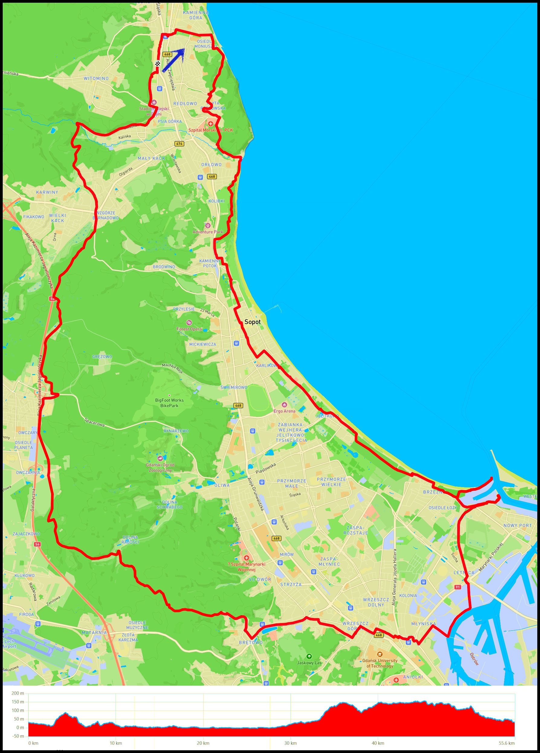 CH Riviera - Polanka Redłowska - molo Orłowo - Kolibki - Sopot - Brzeźno - Punkt Humboldta - latarnie morskie - Letnica - Wrzeszcz - Niedźwiednik - Owczarnia - Gołębiewo - Wielki i Mały Kack