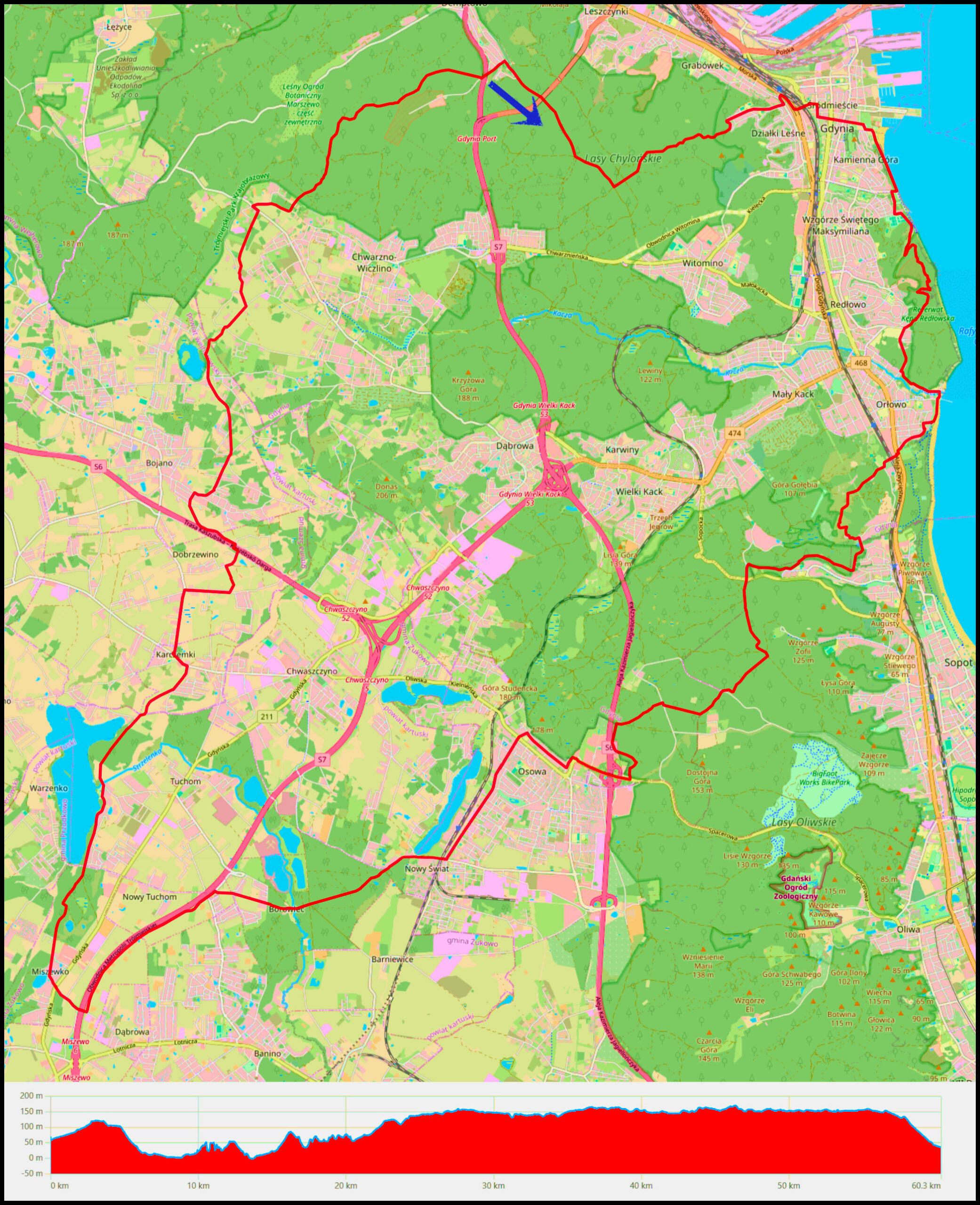 Demptowo - Działki Leśne - Polanka Redłowska - Rezerwat Kępa Redłowska (stanowiska ogniowe) - wieża Kolibki - Wielka Gwiazda - Osowa - Borowiec - Jezioro Tuchomskie - Karczemki - Bojano